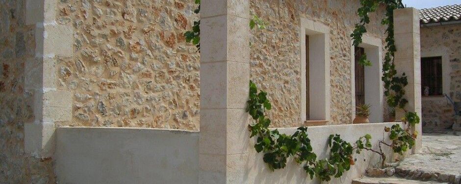 Fachada de piedra con enredadera y ventanas de arco rebajado