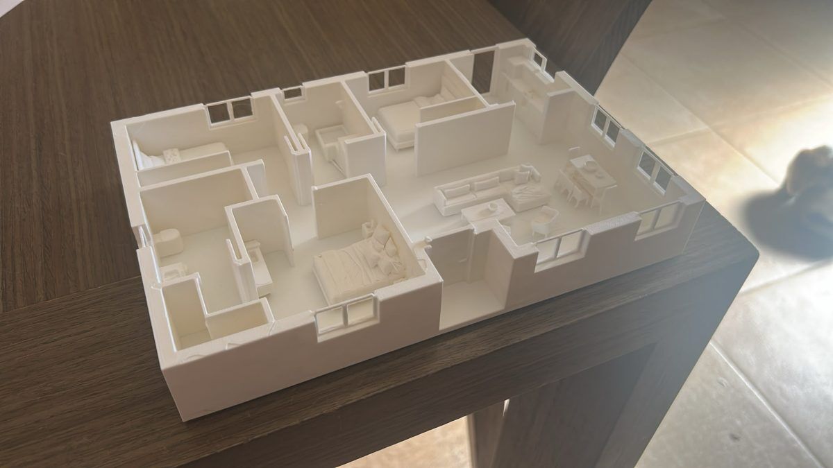 Maqueta impresa en 3D de una vivienda, vista en perspectiva